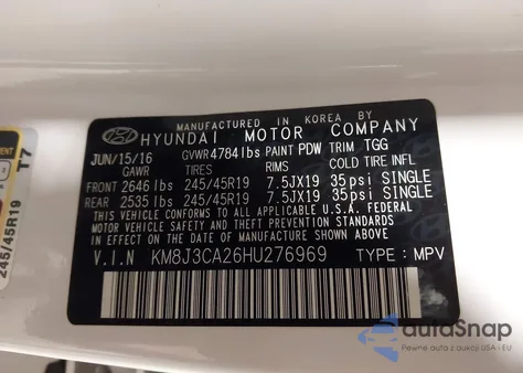 2017 Hyundai Tucson Sport z USA, uszkodzony, nr VIN KM8J3CA26HU276969